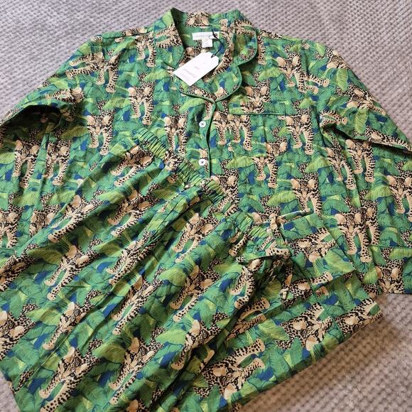Denise Rae Organic Cotton Poplin Women Large Pajama Set Green Leopard Wild Free - Picture 1 of 13